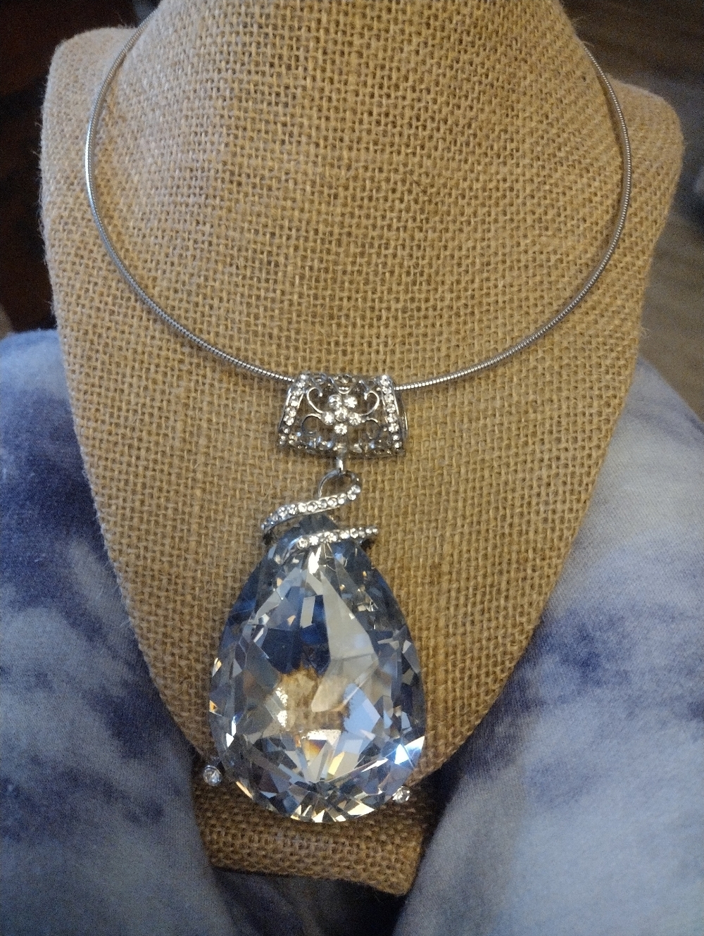 Huge Statement Piece, Silver Necklace With Huge Rhinestone Crystal